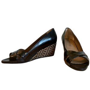 Anyi Lu Daphne black leather wedges w/ woven heels sz 39